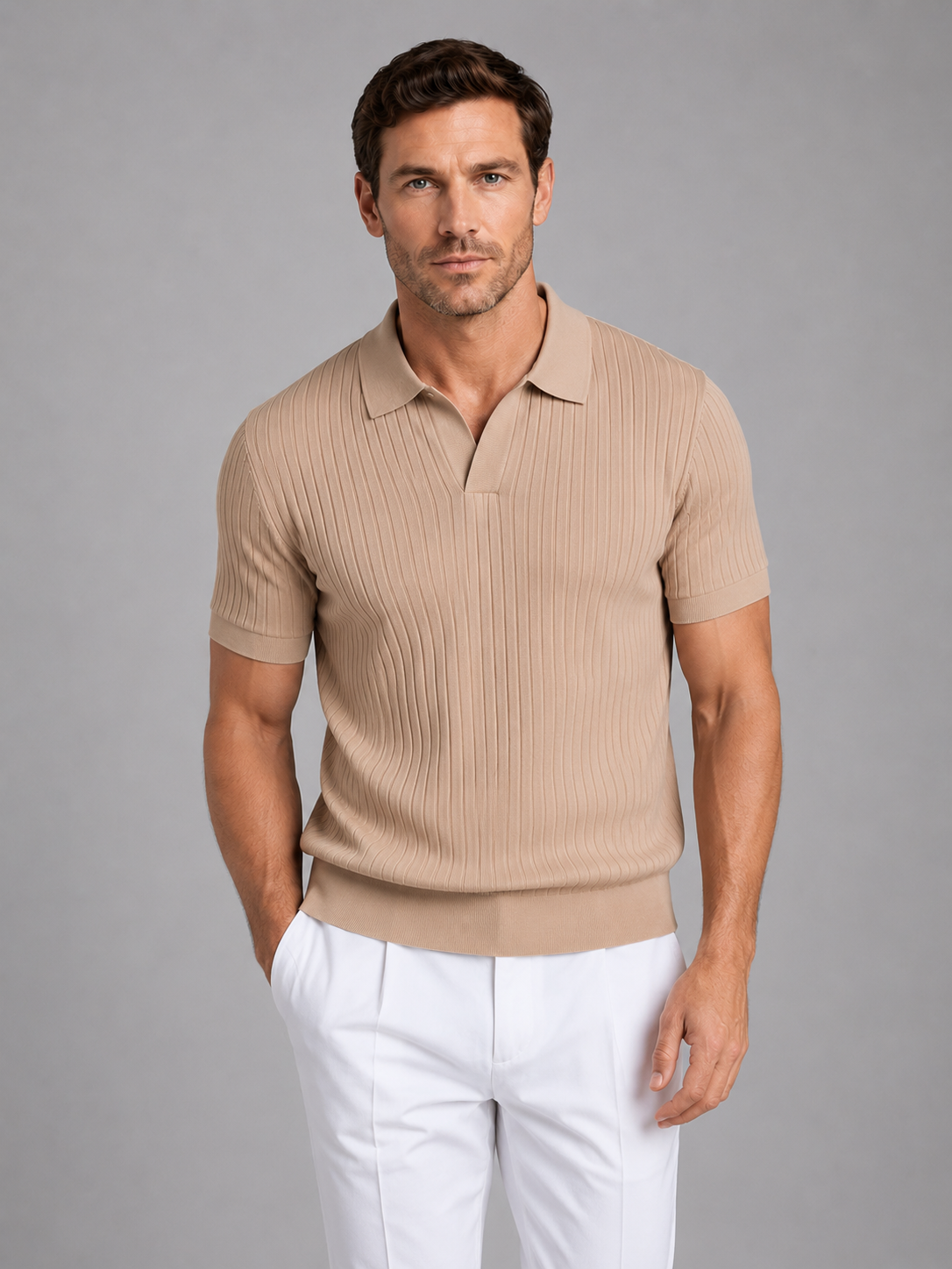 Kaven Ribbed Knit Polo Shirt - Khaki