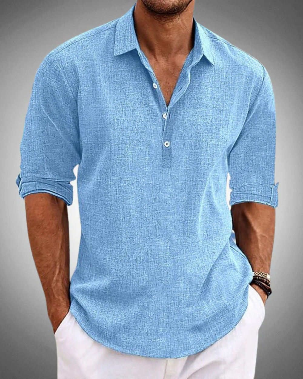 Half Button Popover Shirt - Blue