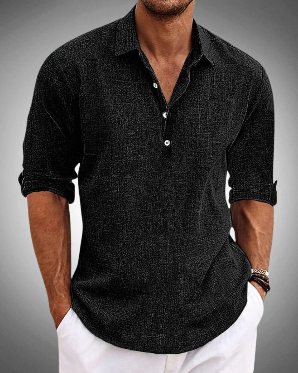 Half Button Popover Shirt - Black