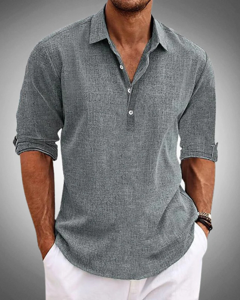 Half Button Popover Shirt - Gray