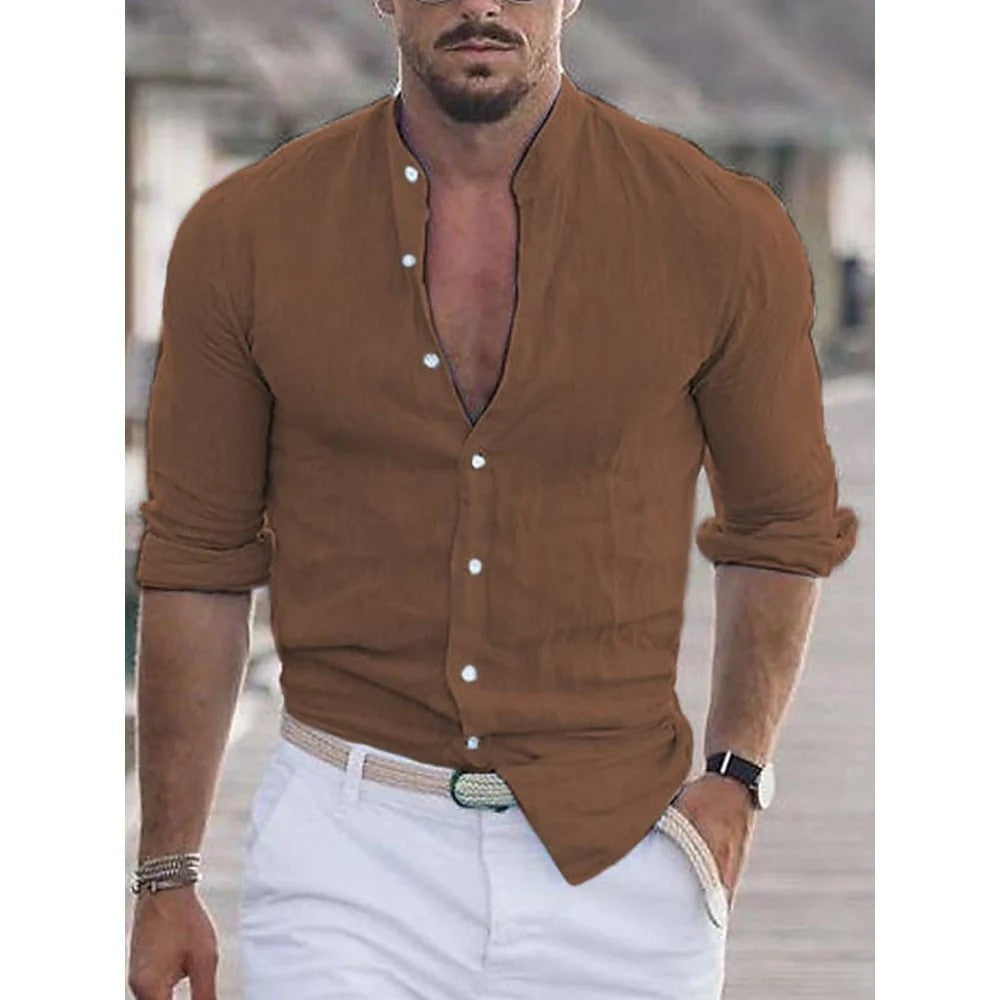 Kaven - Men's Band Collar Shirt Long Sleeve Breathable Weave