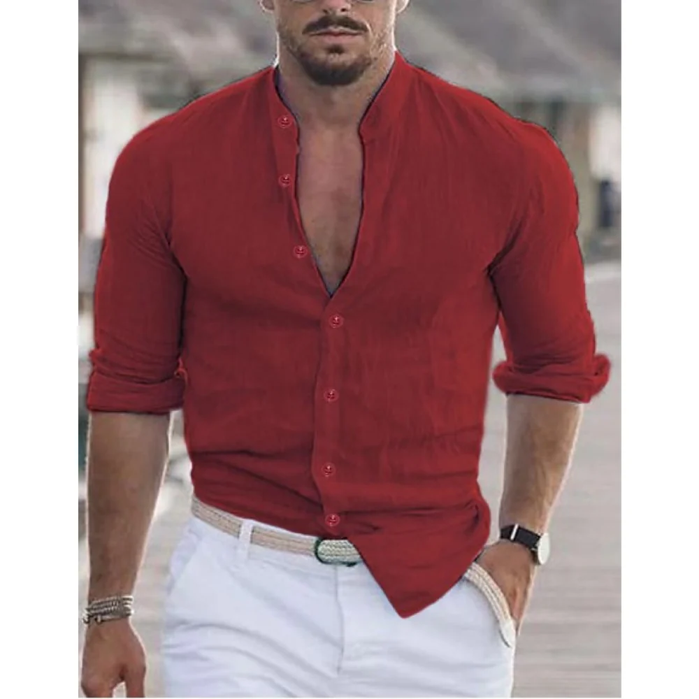 Kaven - Men's Band Collar Shirt Long Sleeve Breathable Weave