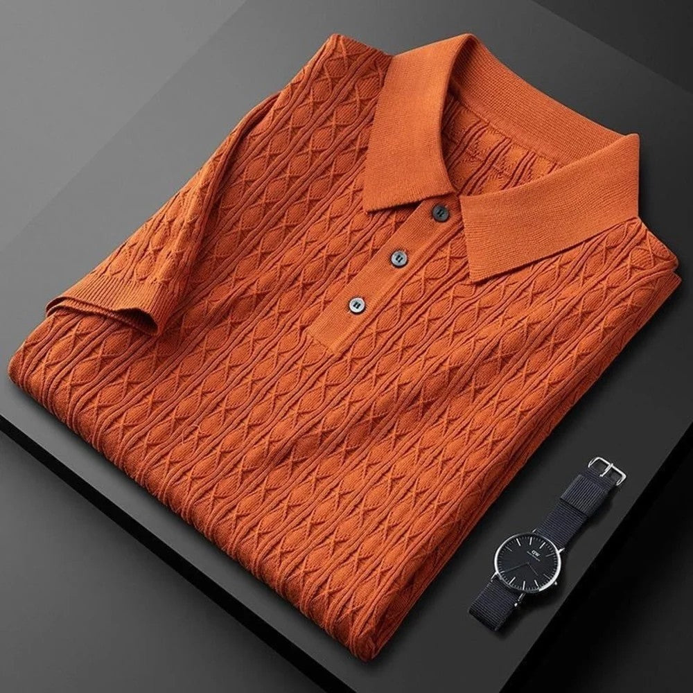 Kaven - Men's Cable Knit Polo Shirt Short Sleeve Three-Button