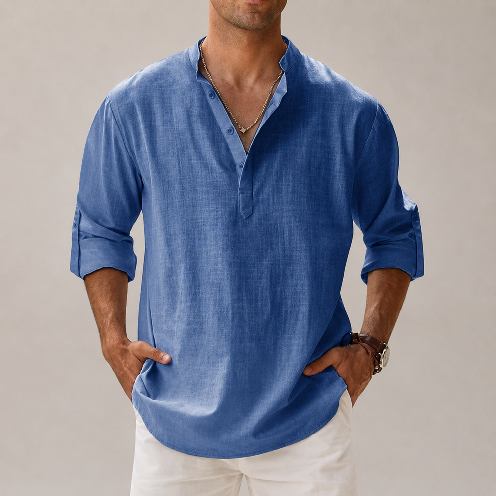 Kaven - Men's Cotton Linen Shirt Long Sleeve Band Collar Half Button