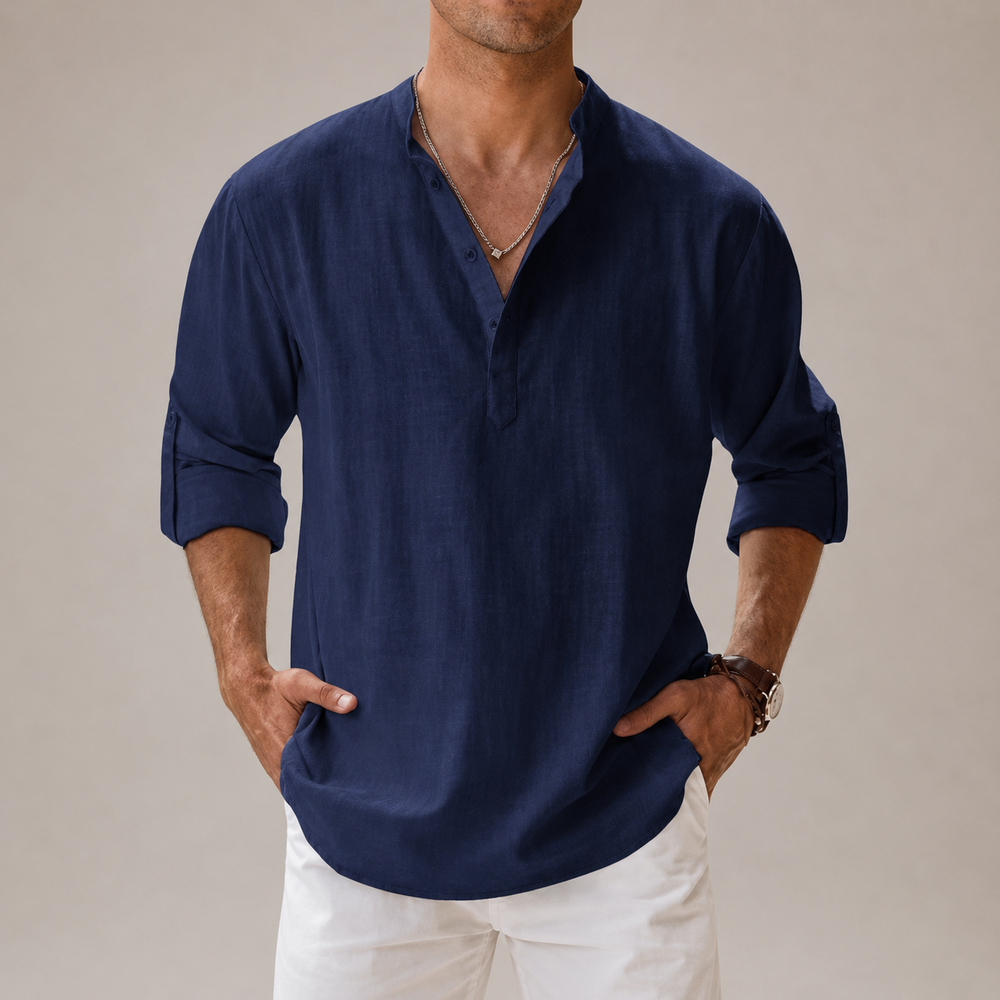 Kaven - Men's Cotton Linen Shirt Long Sleeve Band Collar Half Button