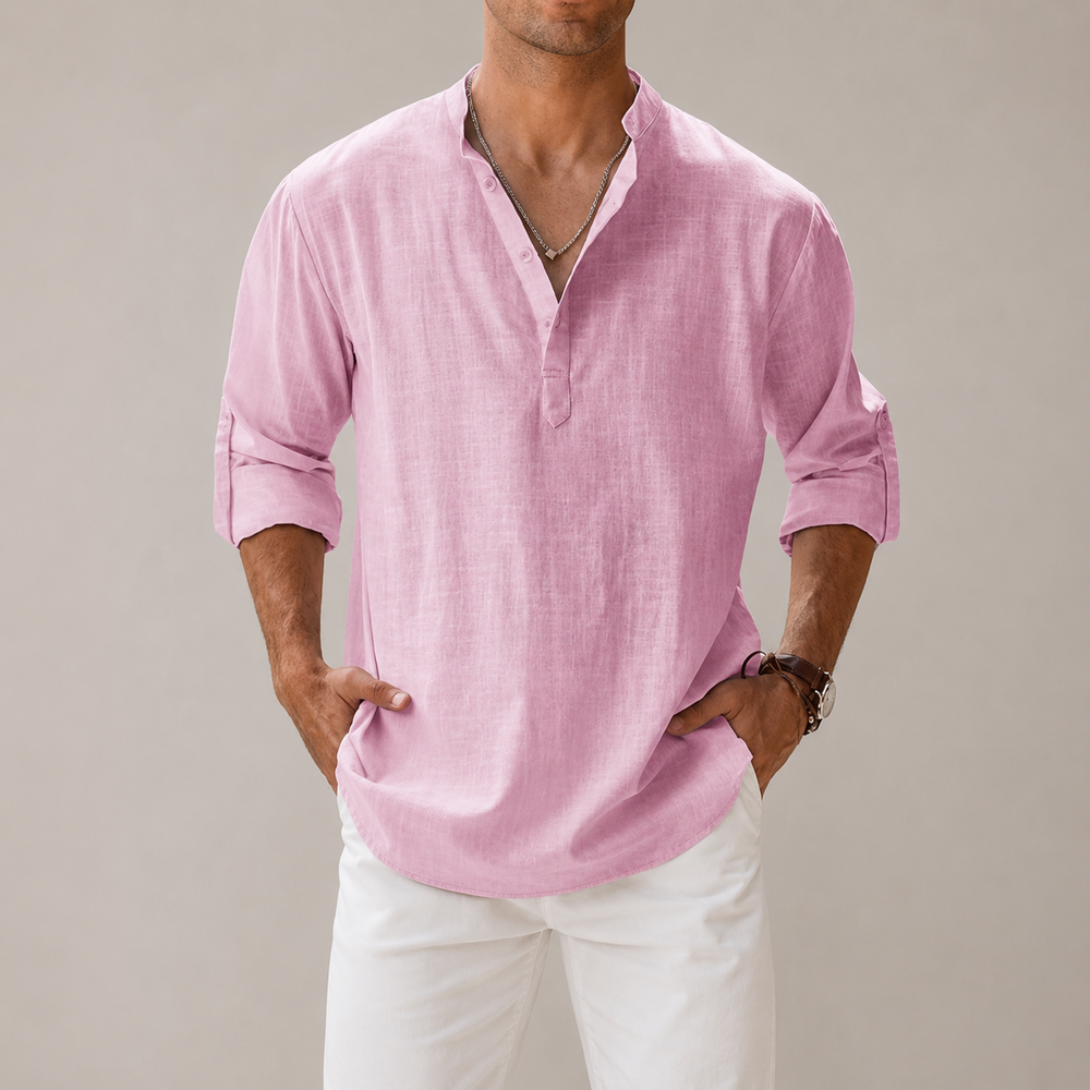 Kaven - Men's Cotton Linen Shirt Long Sleeve Band Collar Half Button