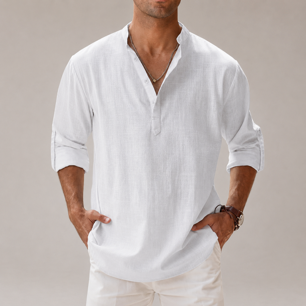 Kaven - Men's Cotton Linen Shirt Long Sleeve Band Collar Half Button