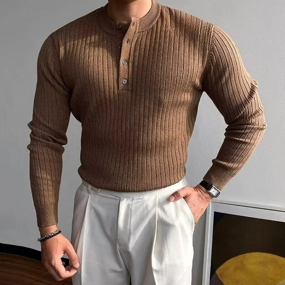 Kaven - Men's Henley Jumper Ribbed Knit Button Placket