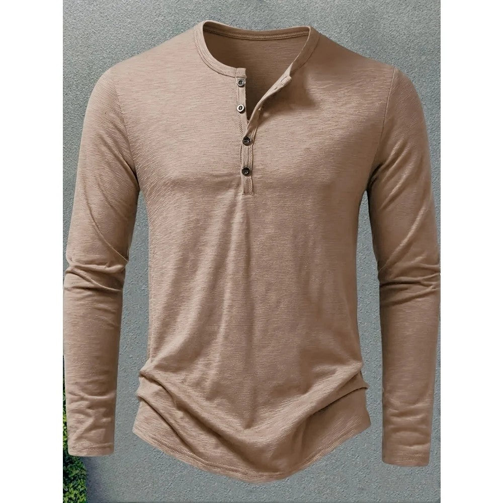 Kaven - Men's Henley Long Sleeve Slub Jersey Three-Button