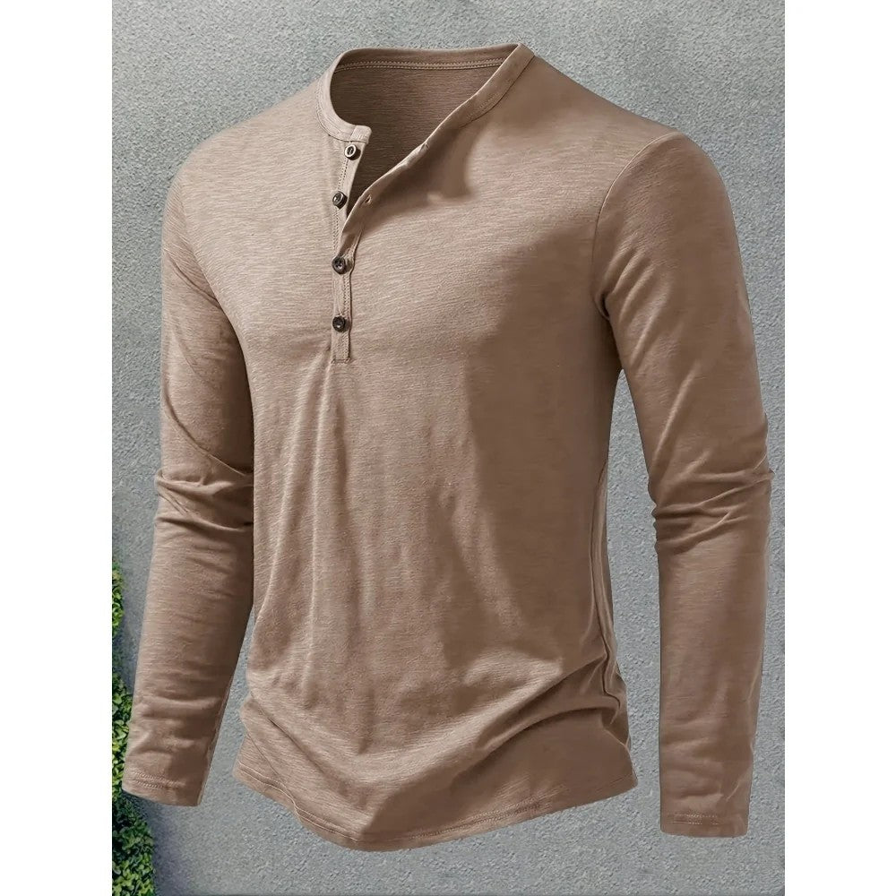 Kaven - Men's Henley Long Sleeve Slub Jersey Three-Button