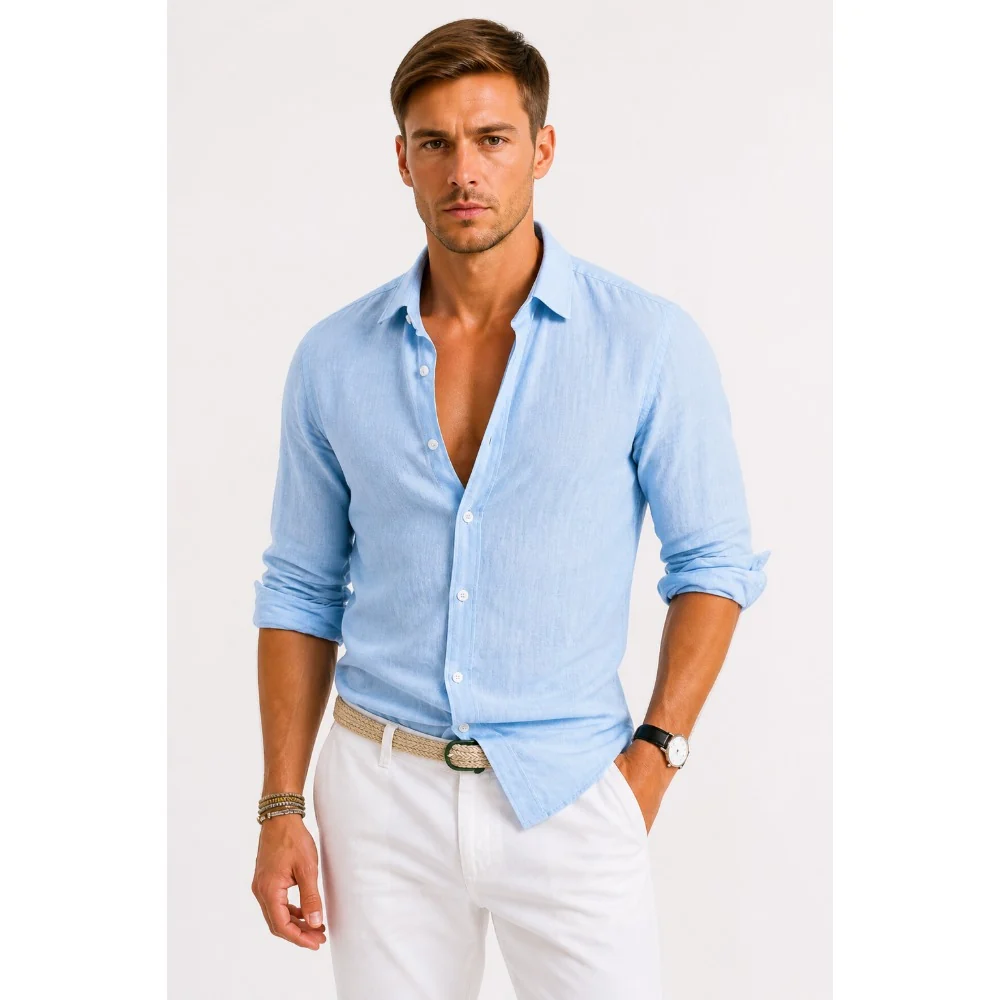 Kaven - Men's Linen Oxford Shirt Button-Down Relaxed Fit Rolled Sleeves