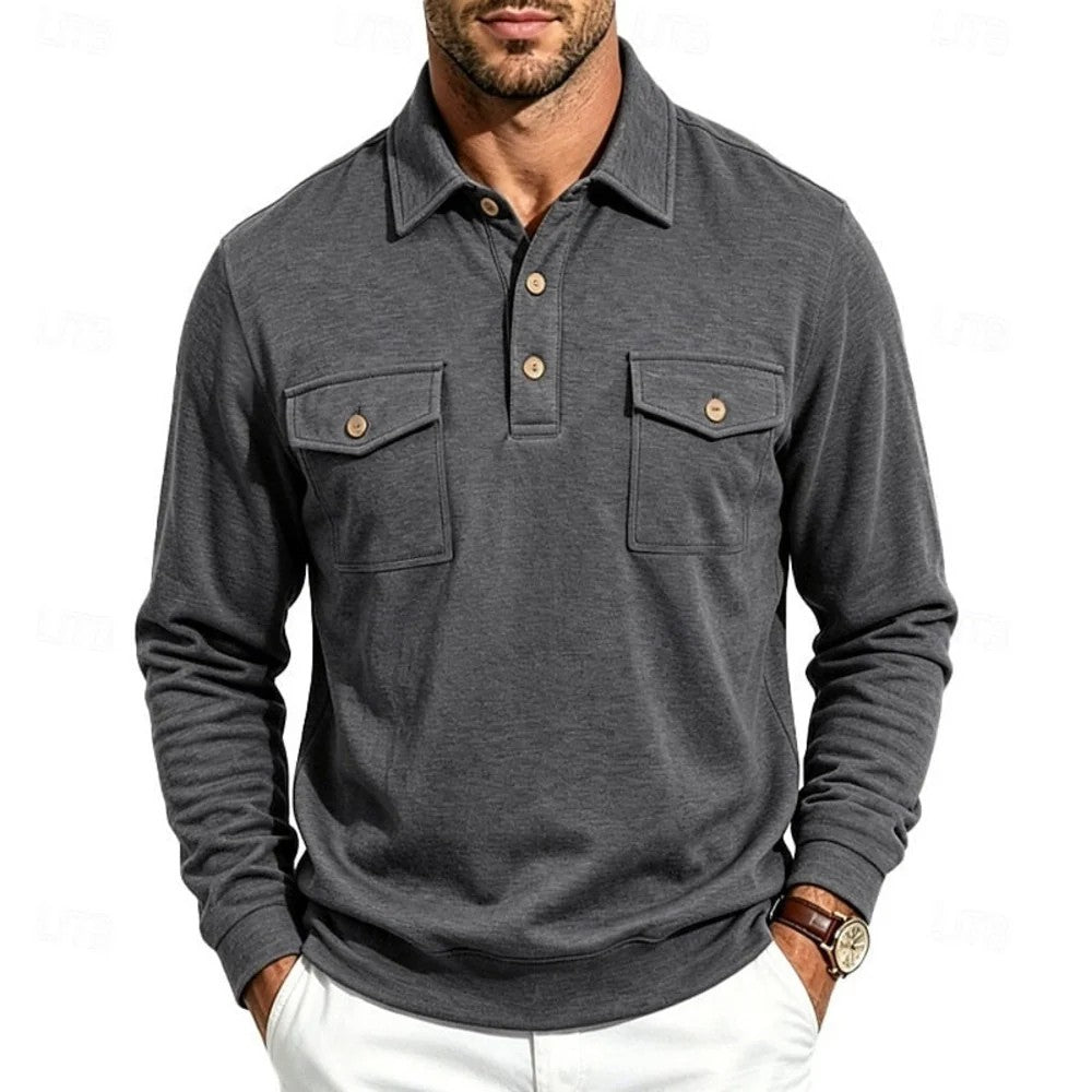 Kaven - Men's Polo Long Sleeve Fine Knit Two Chest Pockets