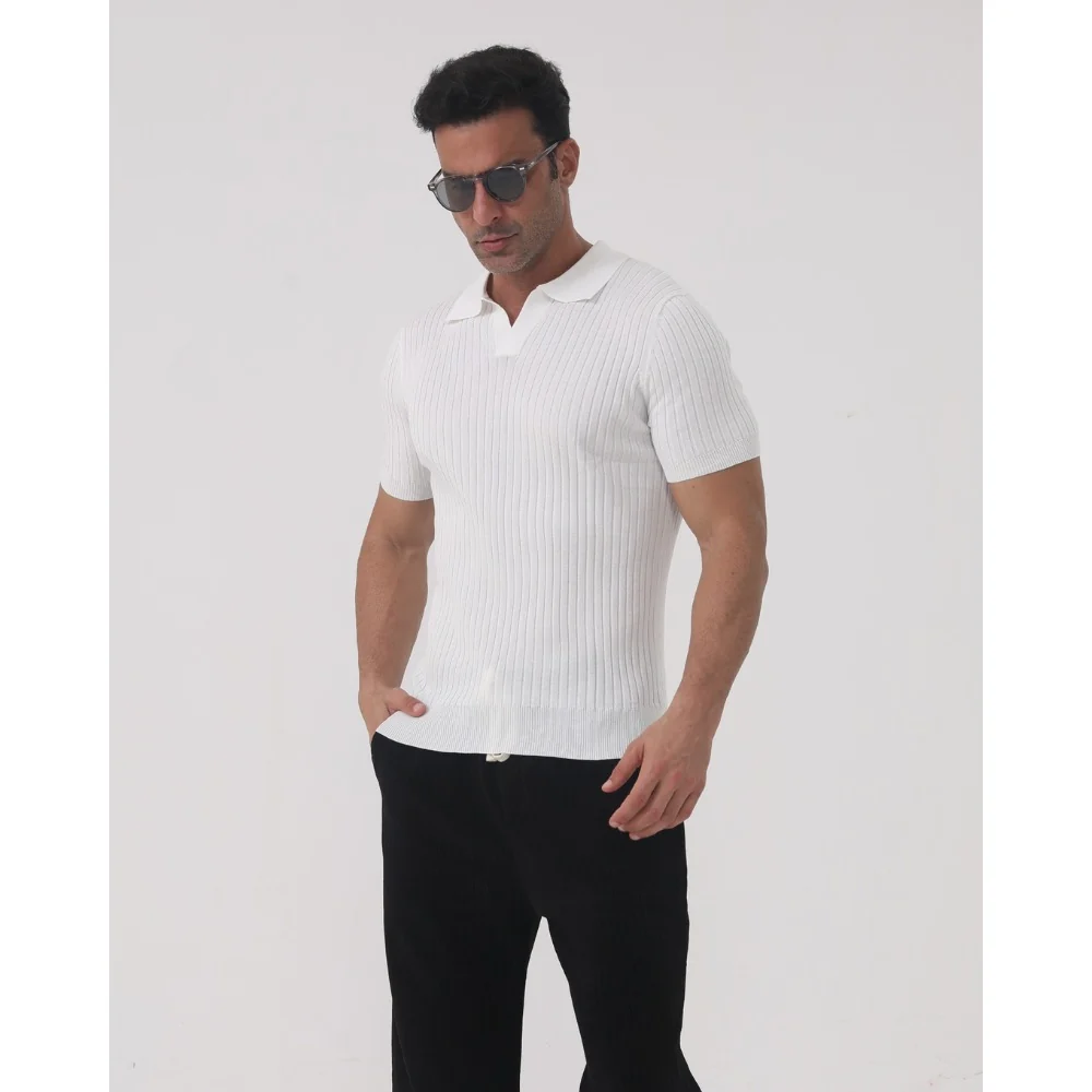 Kaven - Men's Polo Shirt Short Sleeve Ribbed Knit Open V-Neck