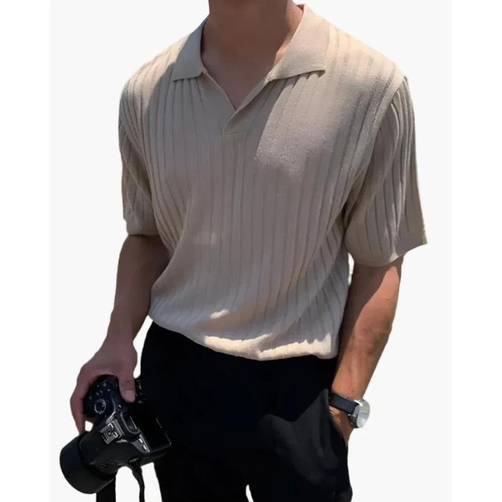 Kaven - Men's Polo Shirt Short Sleeve Ribbed Knit Open V-Neck