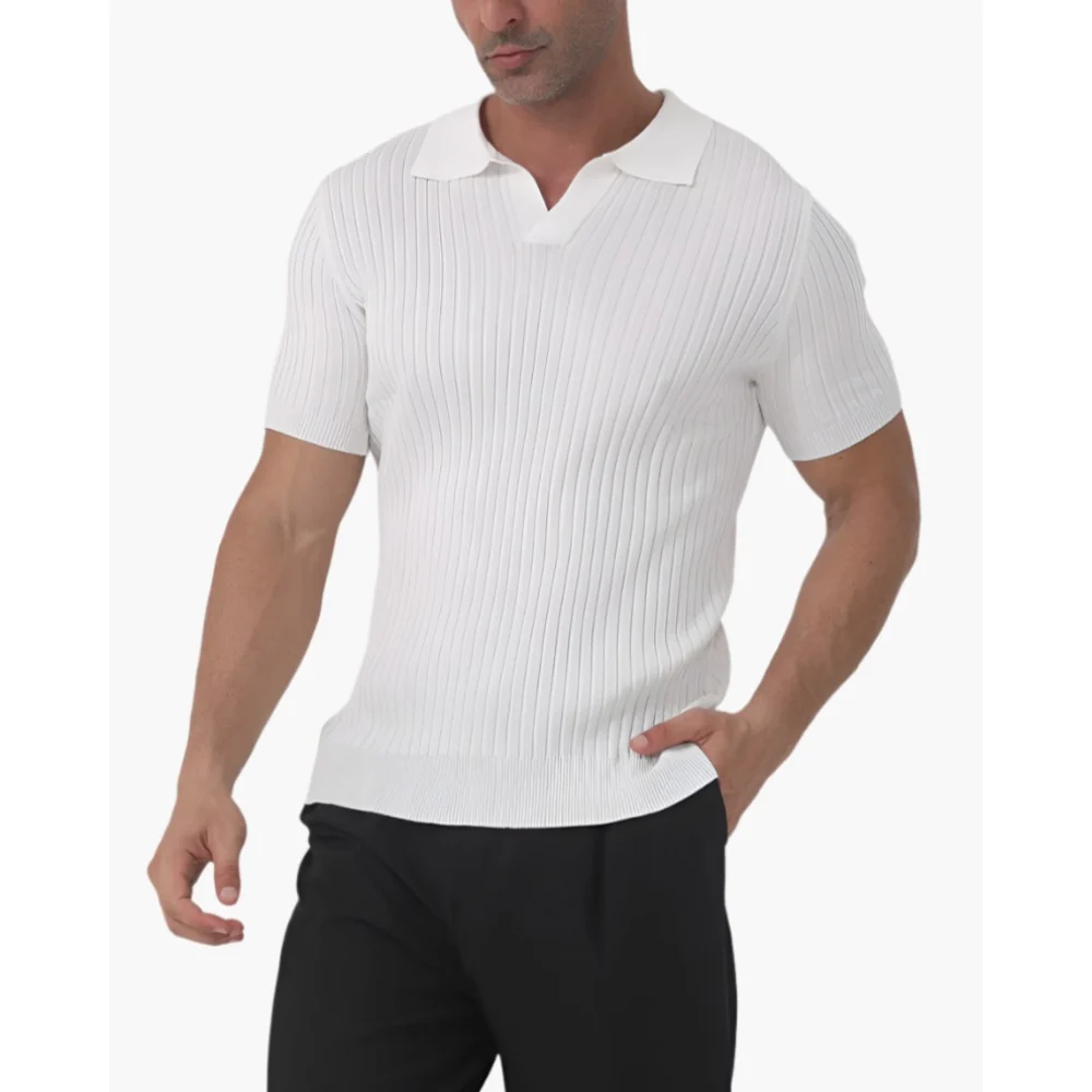 Kaven - Men's Polo Shirt Short Sleeve Ribbed Knit Open V-Neck