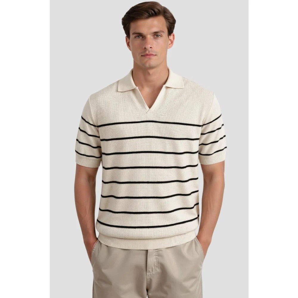 Kaven - Men's Polo Shirt Short Sleeve Striped Knit V-Neck