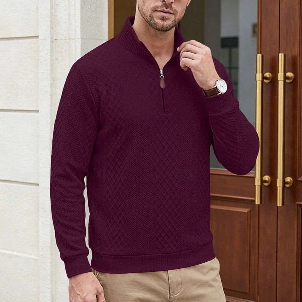 Kaven - Men's Quarter-Zip Pullover Textured Knit Stand Collar