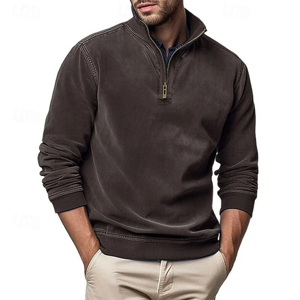 Kaven - Men's Quarter-Zip Sweatshirt Washed Stand Collar Brushed Inside