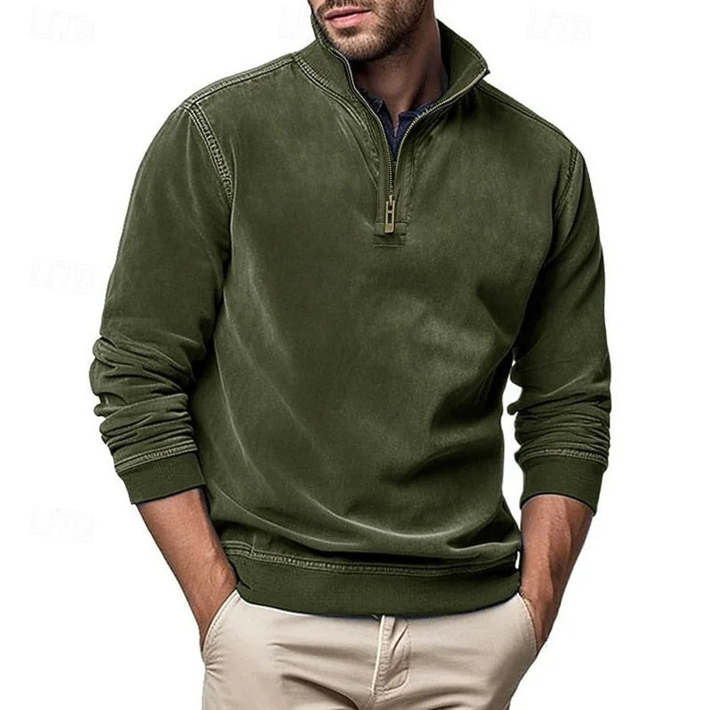 Kaven - Men's Quarter-Zip Sweatshirt Washed Stand Collar Brushed Inside