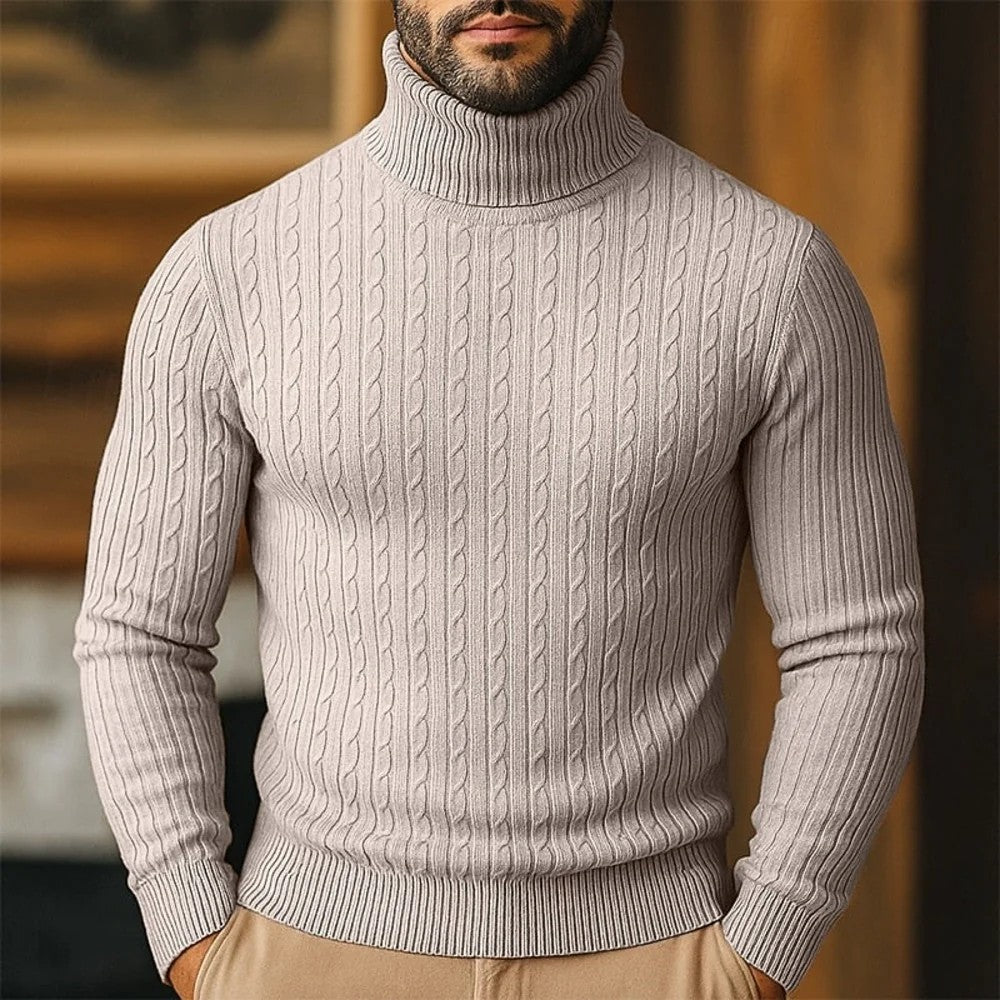 Kaven - Men's Turtleneck Jumper Fine Cable Knit Slim