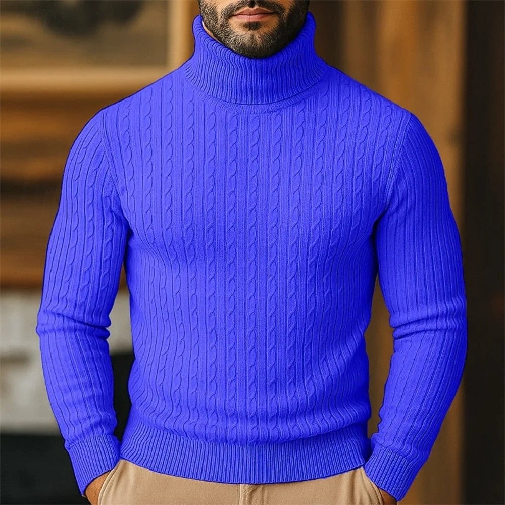 Kaven - Men's Turtleneck Jumper Fine Cable Knit Slim