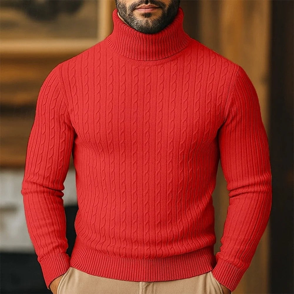 Kaven - Men's Turtleneck Jumper Fine Cable Knit Slim