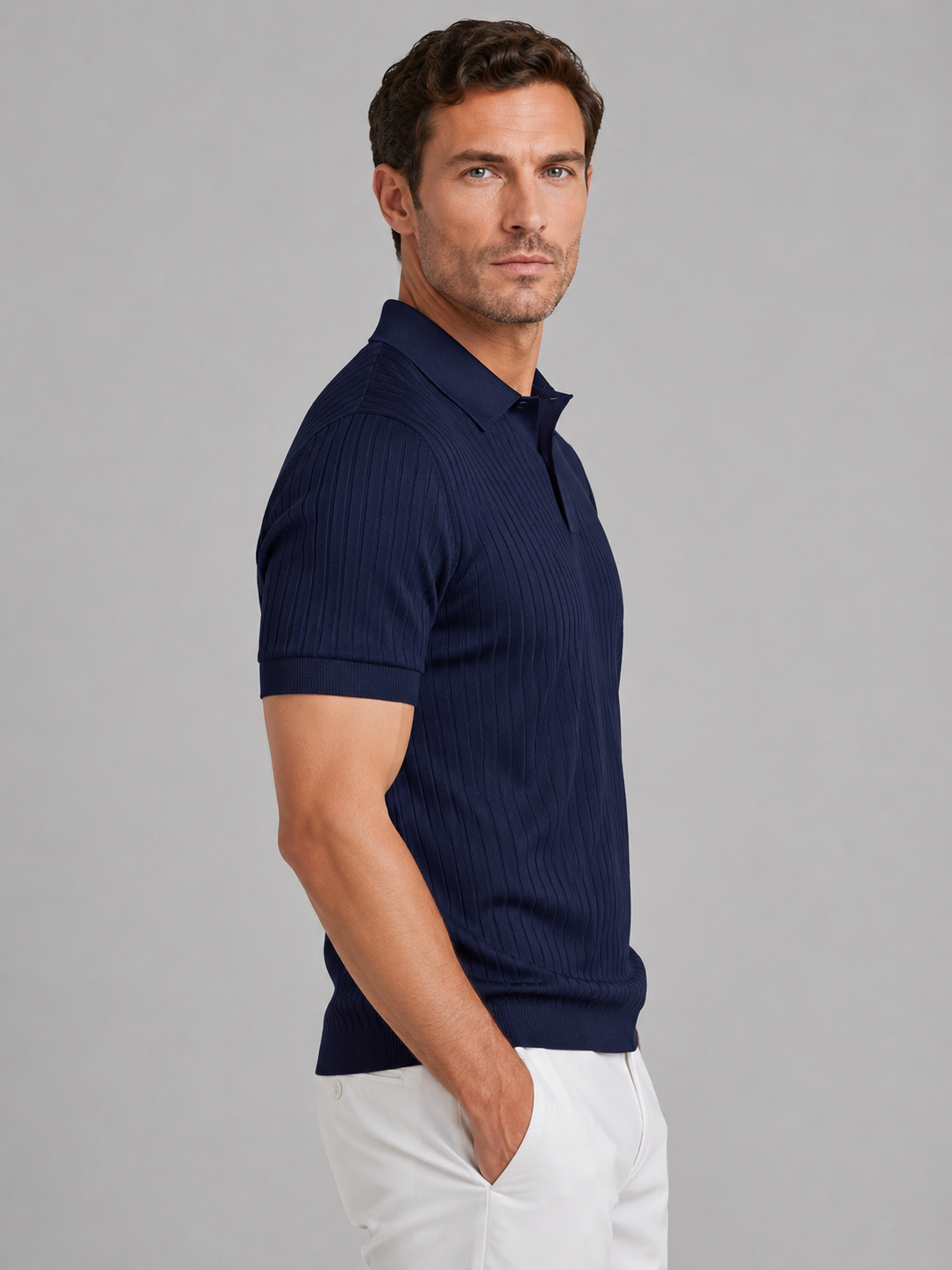 Kaven Ribbed Knit Polo Shirt - on model