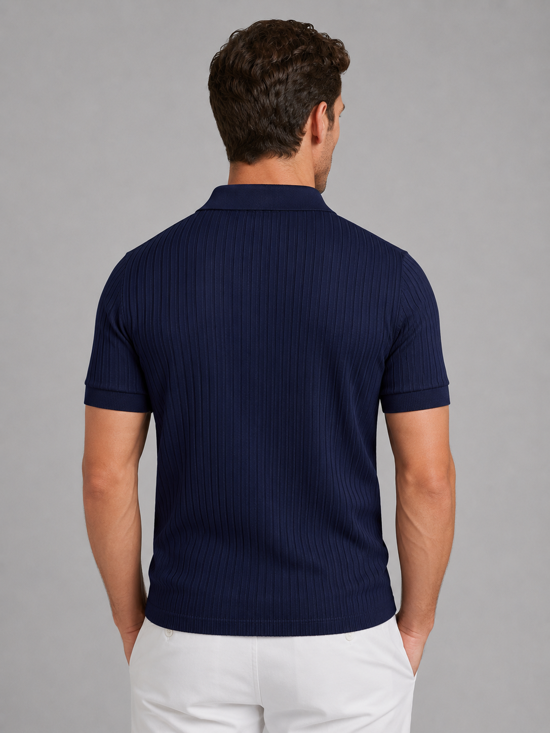 Kaven Ribbed Knit Polo Shirt - on model