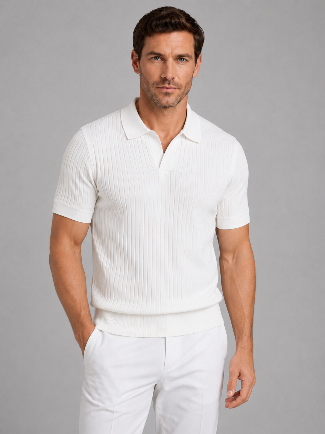 Kaven Ribbed Knit Polo Shirt - White