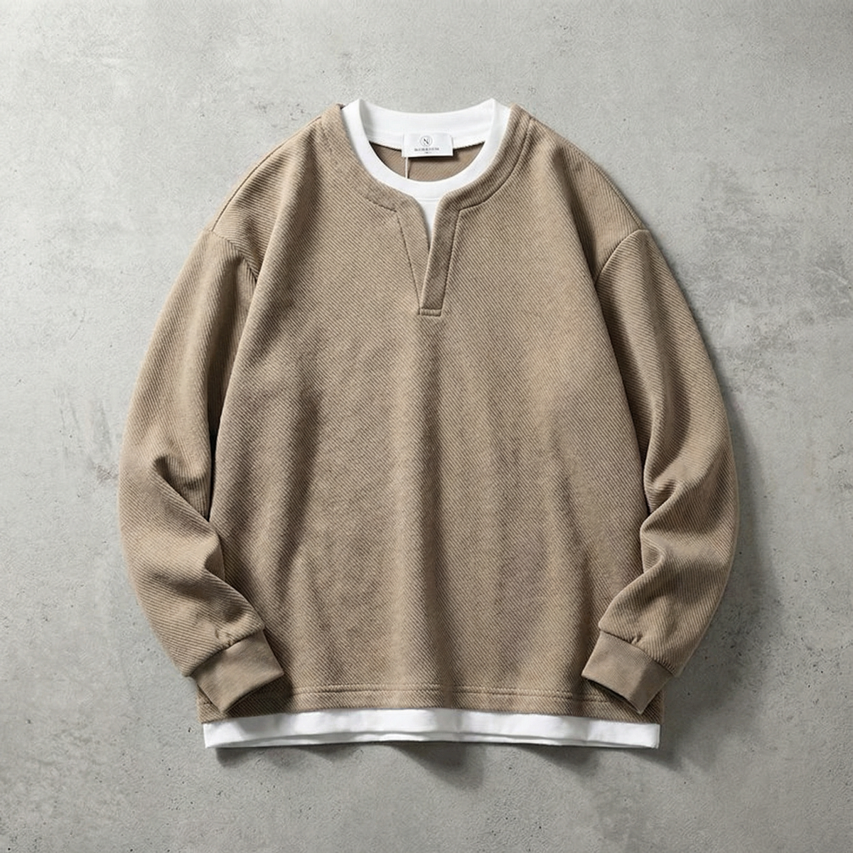 Split Neck Cotton Sweater - Beige