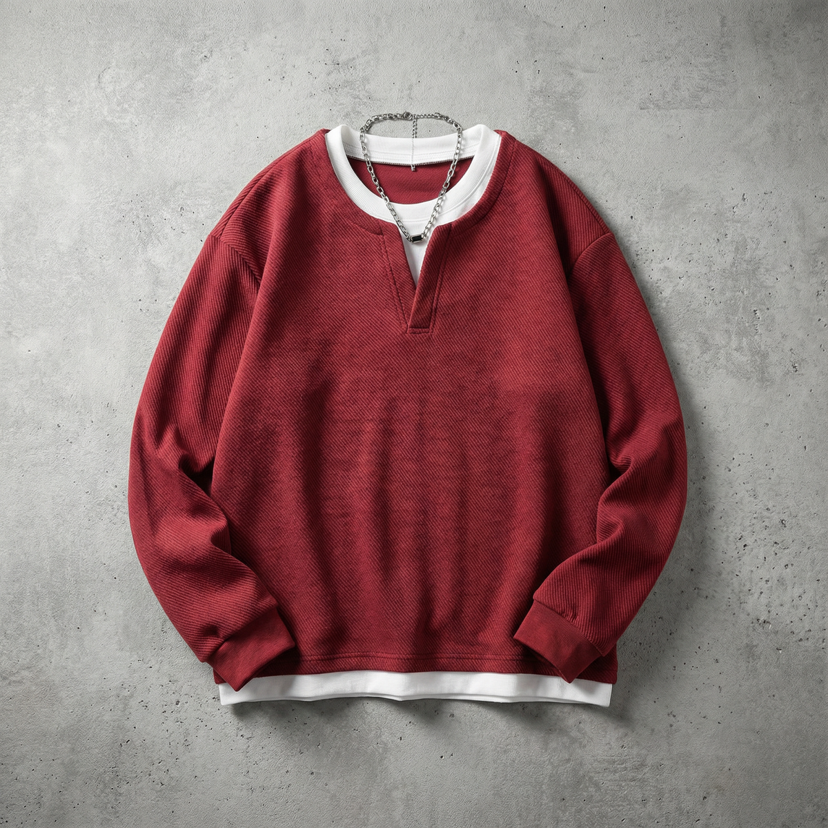 Split Neck Cotton Sweater - Red