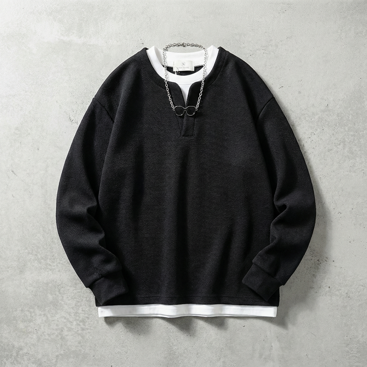 Split Neck Cotton Sweater - Black